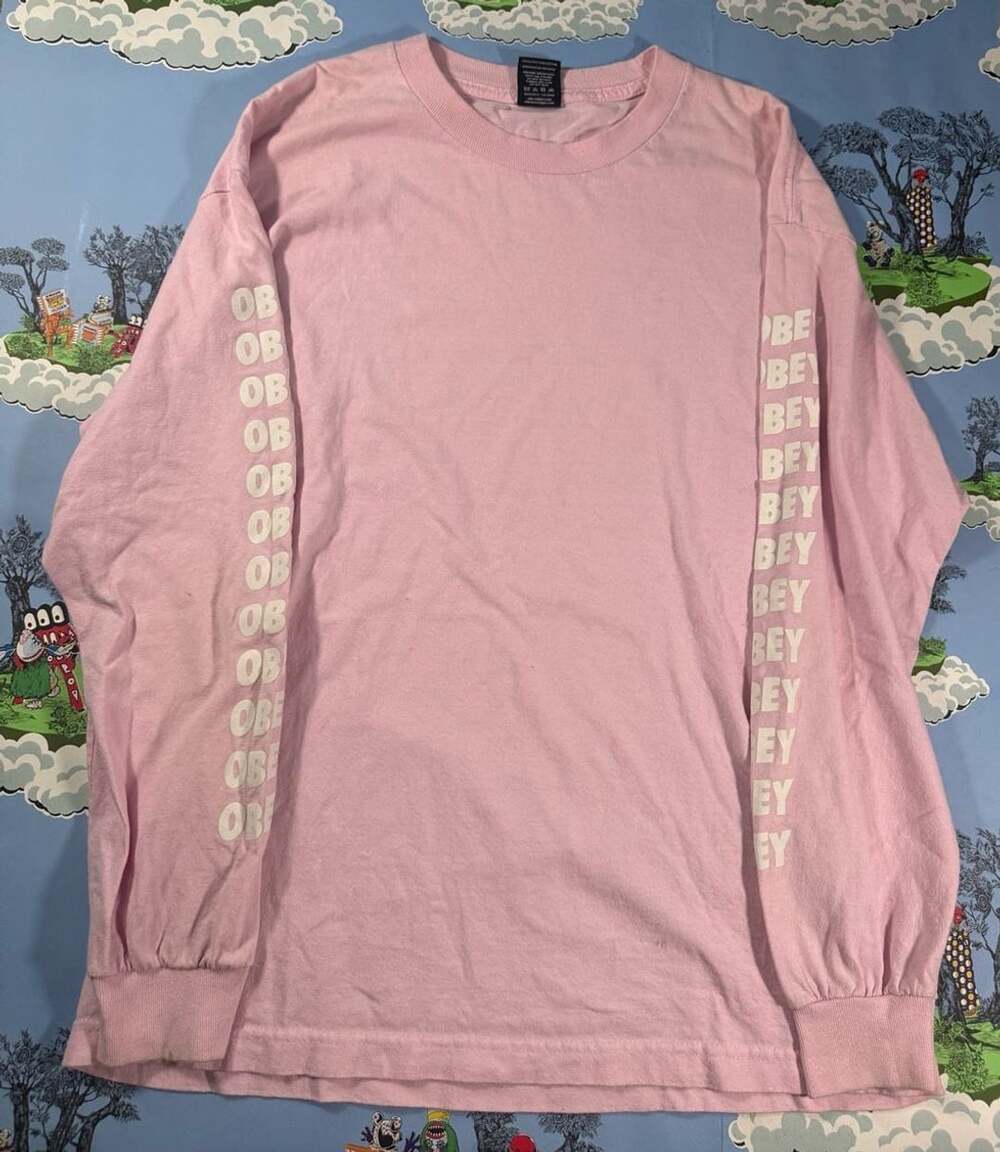 Obey Pink Long Sleeve T-Shirt with Sleeve Logo Print Size L